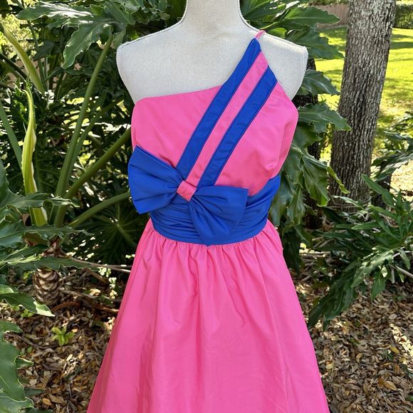 MIKE BENET One Shoulder Bow Dress Ball Gown Prom PINK Blue Formal Vintage 16 - Picture 2 of 8